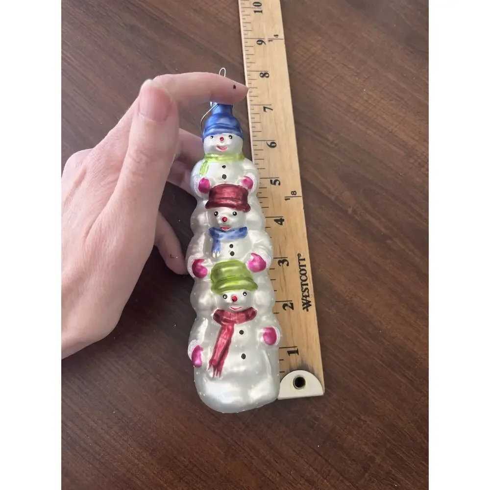 Vintage Snowman Totem Pole Hand Blown Glass Poland Stacked Snowmen
